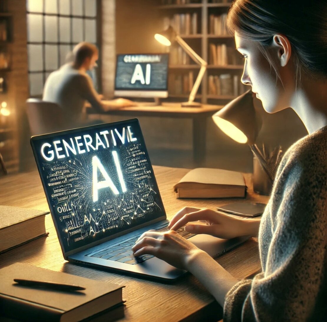 Von KI erstelltes Bild mit Studierender vor Laptop